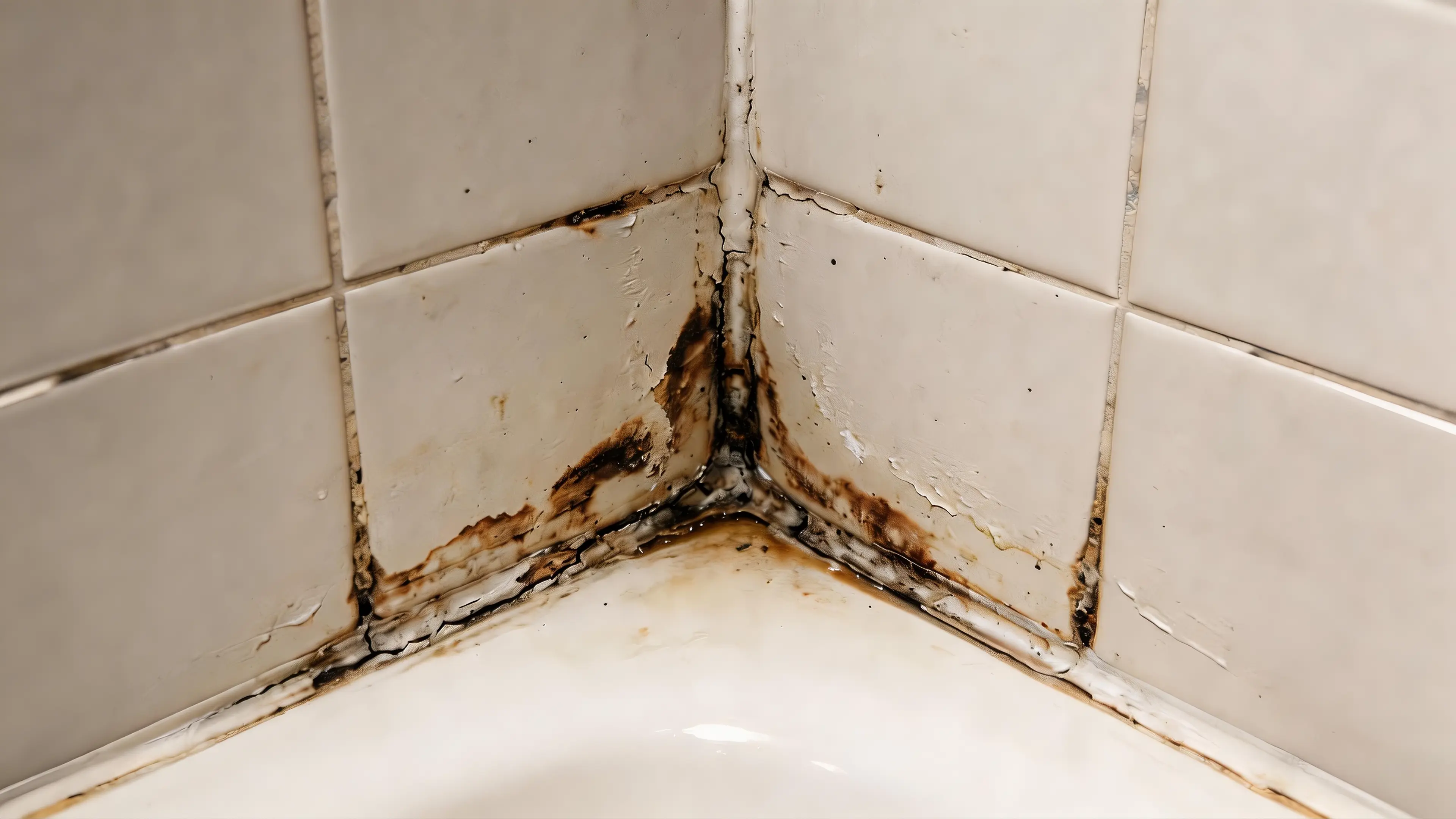 浴室牆面底部水漬與磁磚接縫滲水